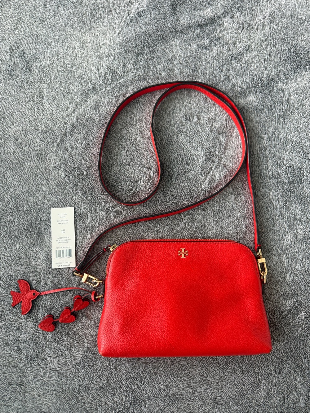Tory Burch Bright Red Pebbled Leather Crossbody with Charm